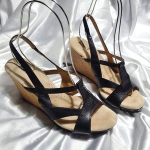 BASS dark brown black espadrille wedge platform strappy ankle strap heels ELENI